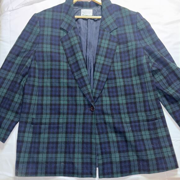 Vintage Pendleton Women’s 18 Wool Blazer Jacket Green Blue Tartan Plaid - Picture 1 of 8